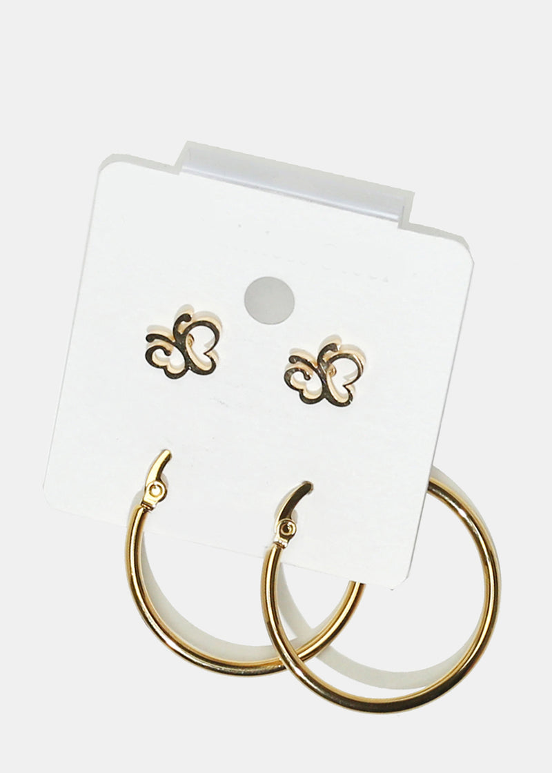 2 Pair Butterfly Stud & Hoop Earrings Gold JEWELRY - Shop Miss A