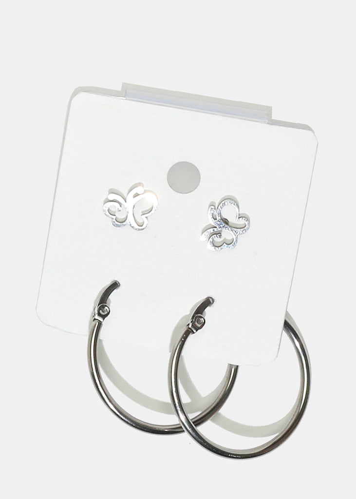 2 Pair Butterfly Stud & Hoop Earrings Silver JEWELRY - Shop Miss A