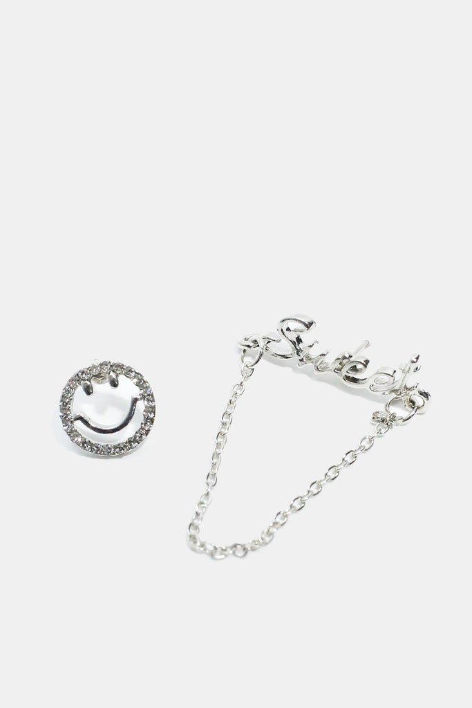 Smiley Face & "SWEET" Stud Earrings Silver JEWELRY - Shop Miss A