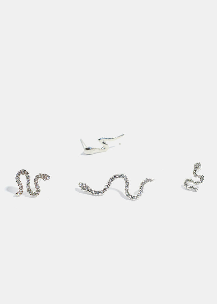 4-Piece Rhinestone-Studded Snake Earrings Silver JEWELRY - Shop Miss A