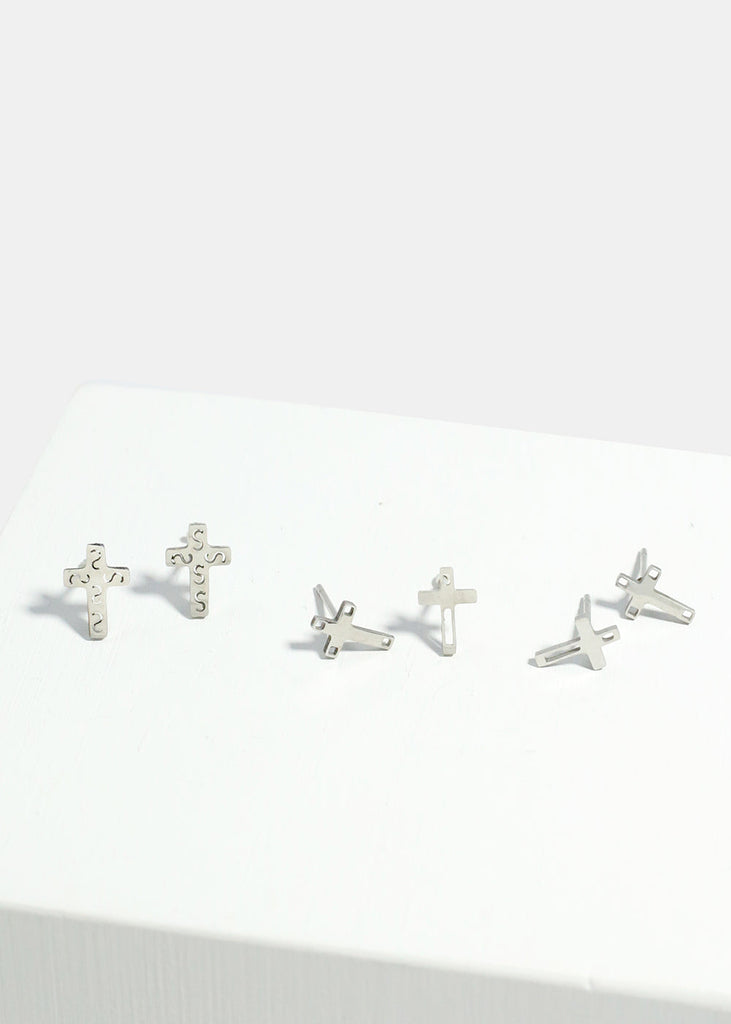 3-Pair Cross Stud Earrings Silver JEWELRY - Shop Miss A