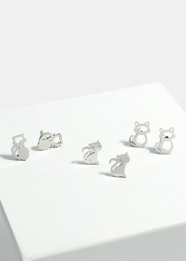 3-Pair Cats Stud Earrings Silver JEWELRY - Shop Miss A