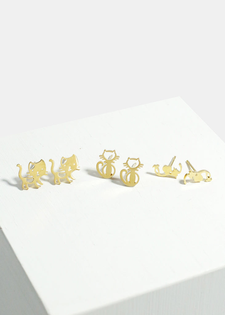 3-Pair Cute Cats Stud Earrings Gold JEWELRY - Shop Miss A