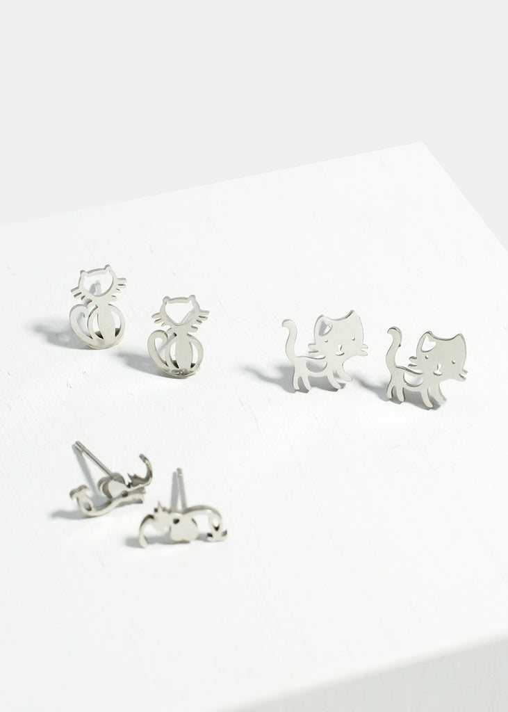 3-Pair Cute Cats Stud Earrings Silver JEWELRY - Shop Miss A