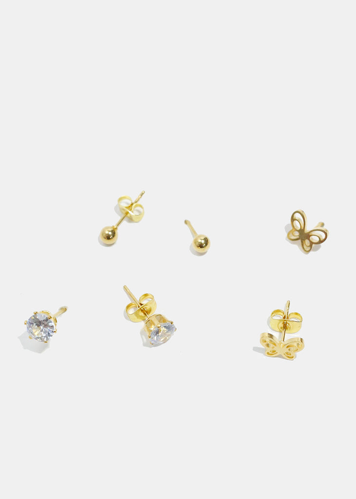 3-Pair Butterfly & Gemstone Stud Earrings Gold JEWELRY - Shop Miss A
