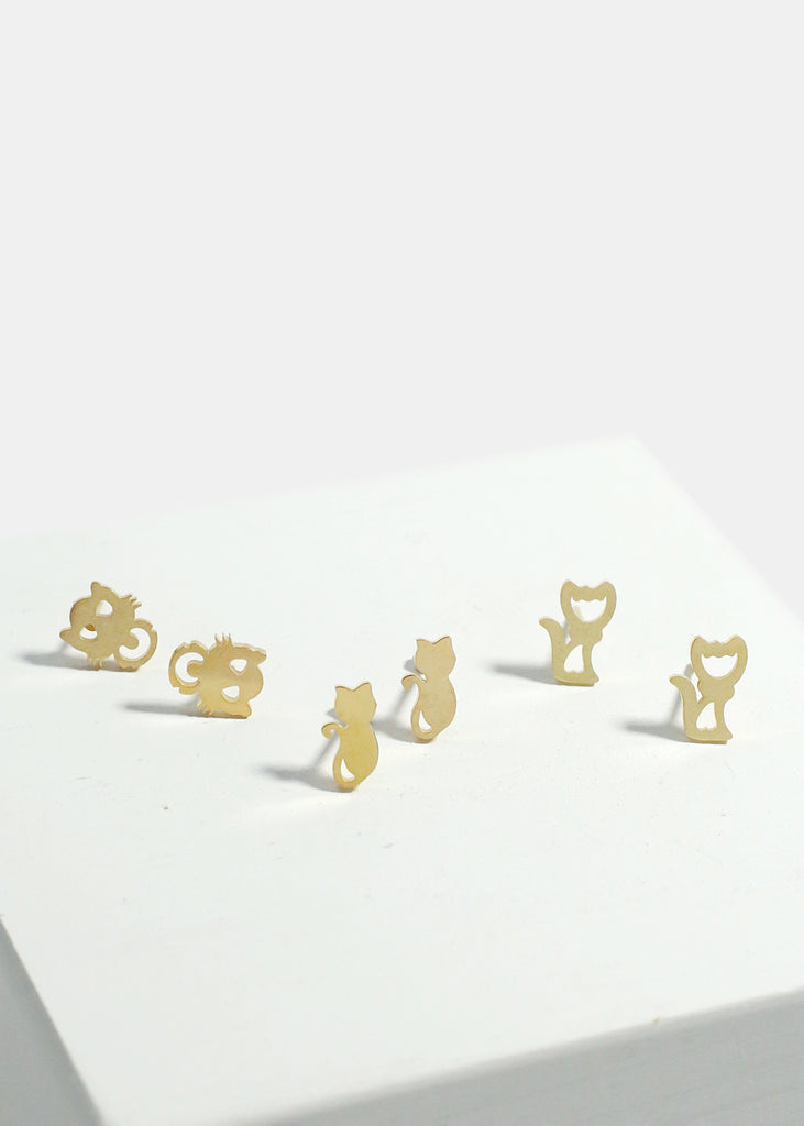 3-Pair Cats Stud Earrings Set Gold JEWELRY - Shop Miss A