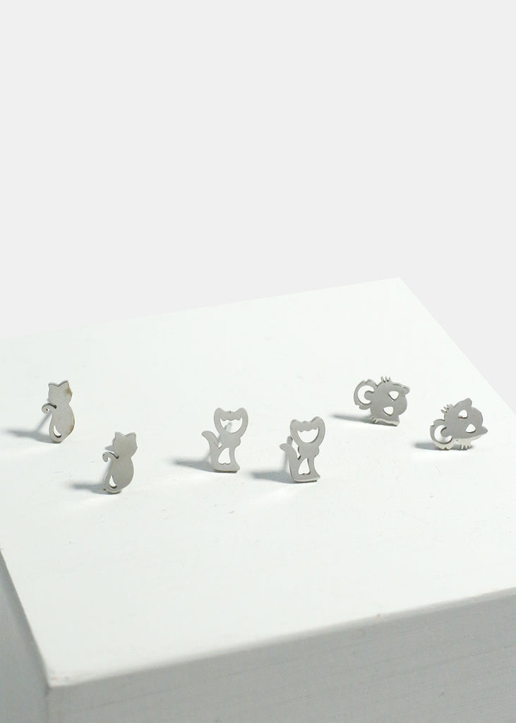 3-Pair Cats Stud Earrings Set SIlver JEWELRY - Shop Miss A