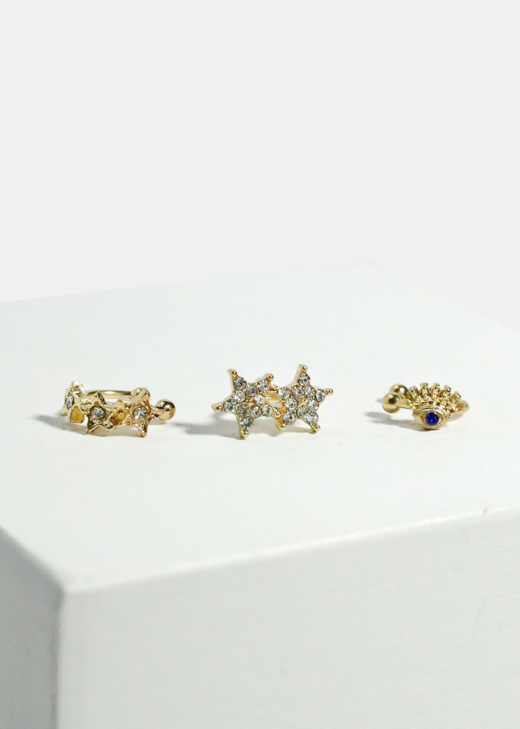 3-Piece Star & Eye Cuff Earrings Gold JEWELRY - Shop Miss A