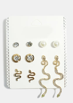 6-Pair Rhinestone & Snake Stud Earrings Gold JEWELRY - Shop Miss A