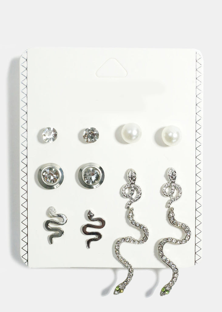6-Pair Rhinestone & Snake Stud Earrings Silver JEWELRY - Shop Miss A