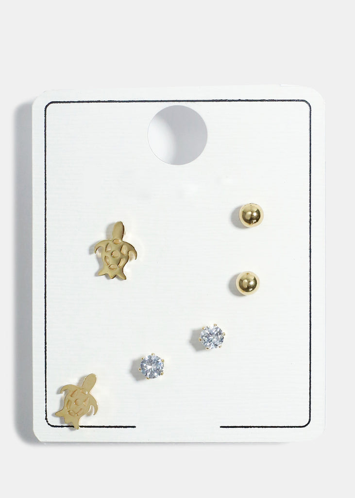 3-Pair Turtle & Gemstone Earrings Set Gold JEWELRY - Shop Miss A