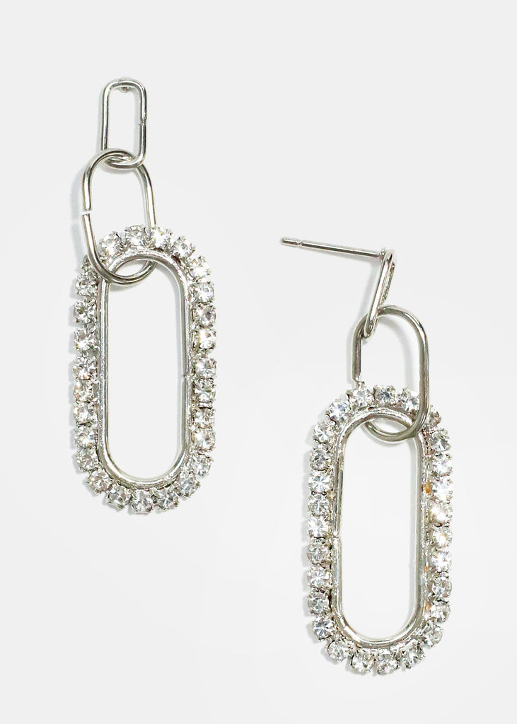 Rhinestone Studded Oval Earrings Silver JEWELRY - Shop Miss A