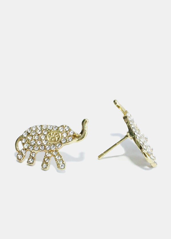 Rhinestone Studded Elephant Earrings Gold JEWELRY - Shop Miss A
