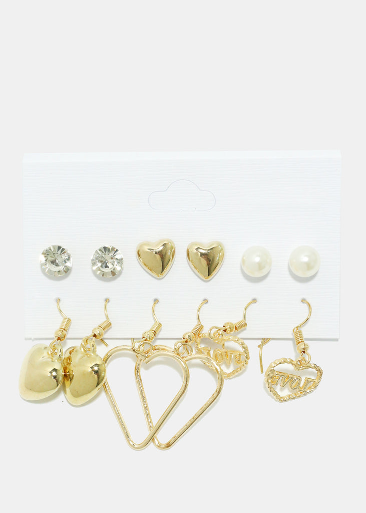 6 Pair Stud & Dangle Heart Earrings Gold JEWELRY - Shop Miss A