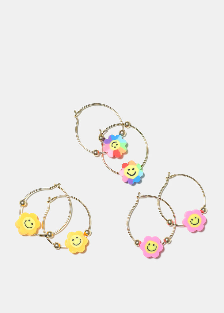 3 Pair Smiling Star & Flower Hoop Earrings Flower JEWELRY - Shop Miss A