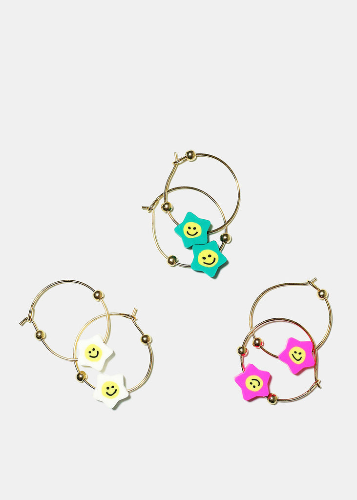 3 Pair Smiling Star & Flower Hoop Earrings Star JEWELRY - Shop Miss A
