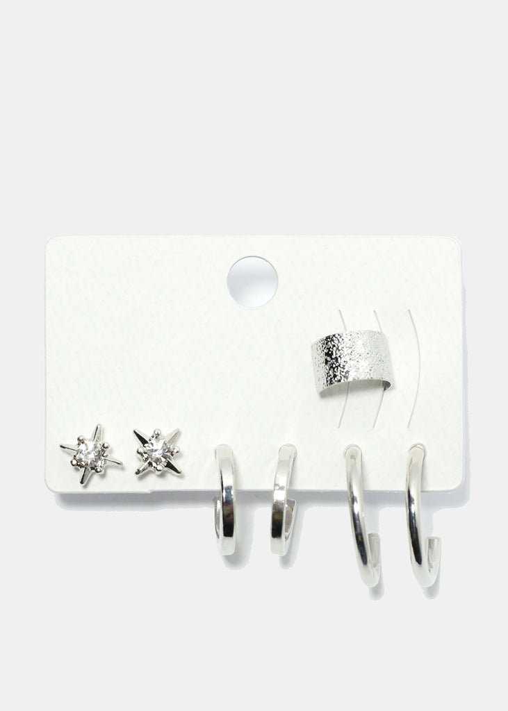 3 Pair Stud, Hoop & Cuff Earrings Silver JEWELRY - Shop Miss A