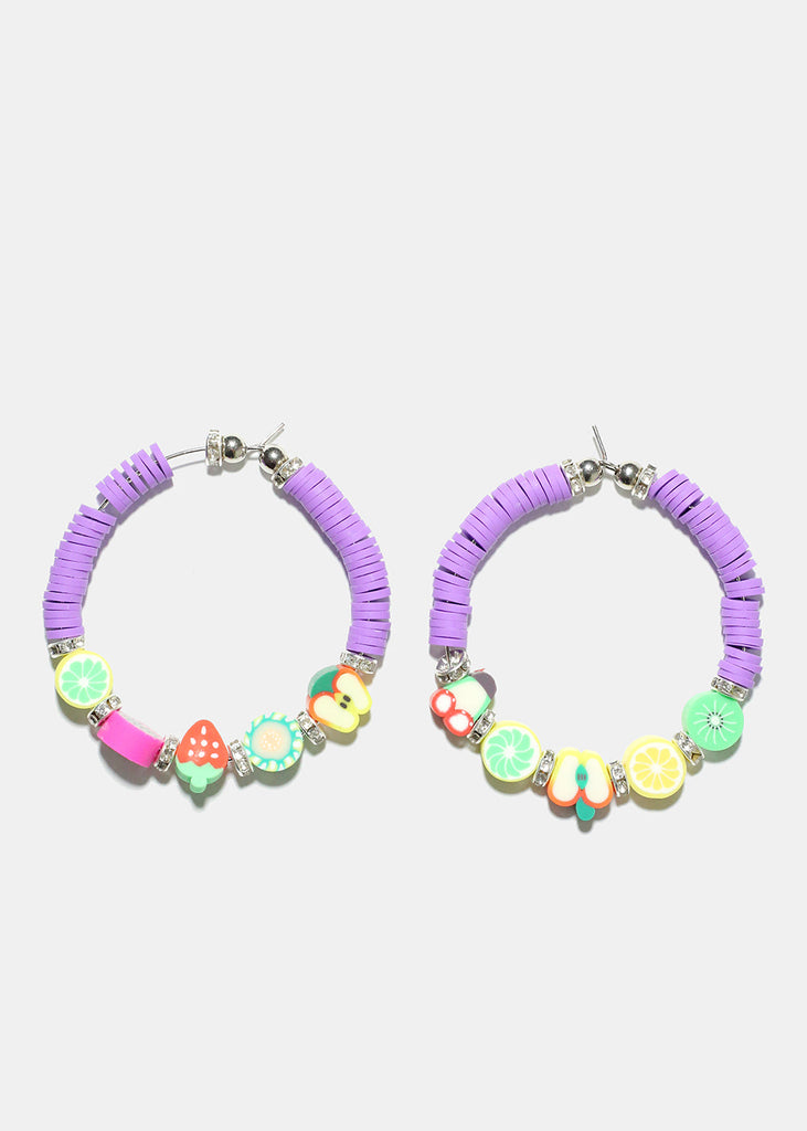 Fruit Charm Beaded Hoop Earrings Silver purple JEWELRY - Shop Miss A