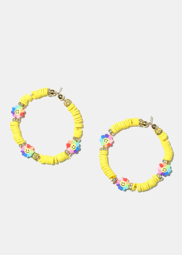 Smiley Flower Charm Beaded Hoop Earrings Gold yellow JEWELRY - Shop Miss A