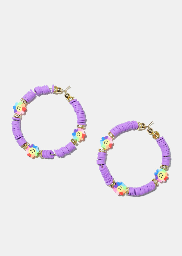 Smiley Flower Charm Beaded Hoop Earrings Gold purple JEWELRY - Shop Miss A