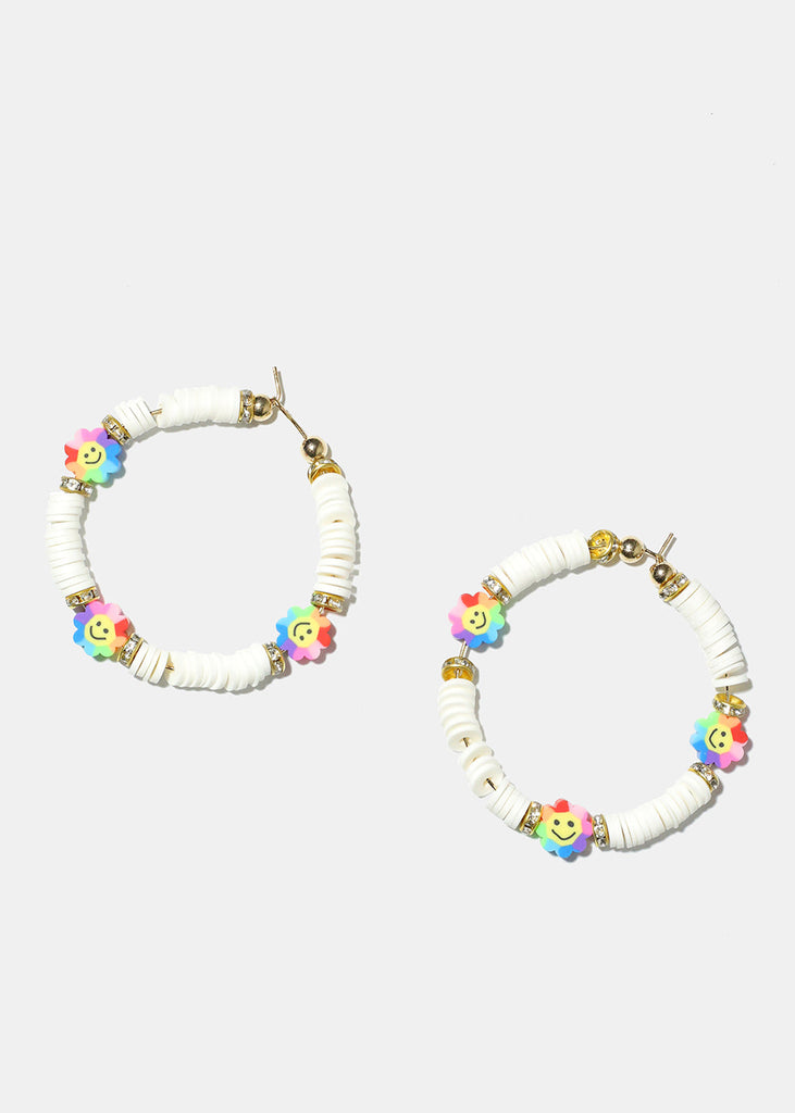 Smiley Flower Charm Beaded Hoop Earrings Gold white JEWELRY - Shop Miss A