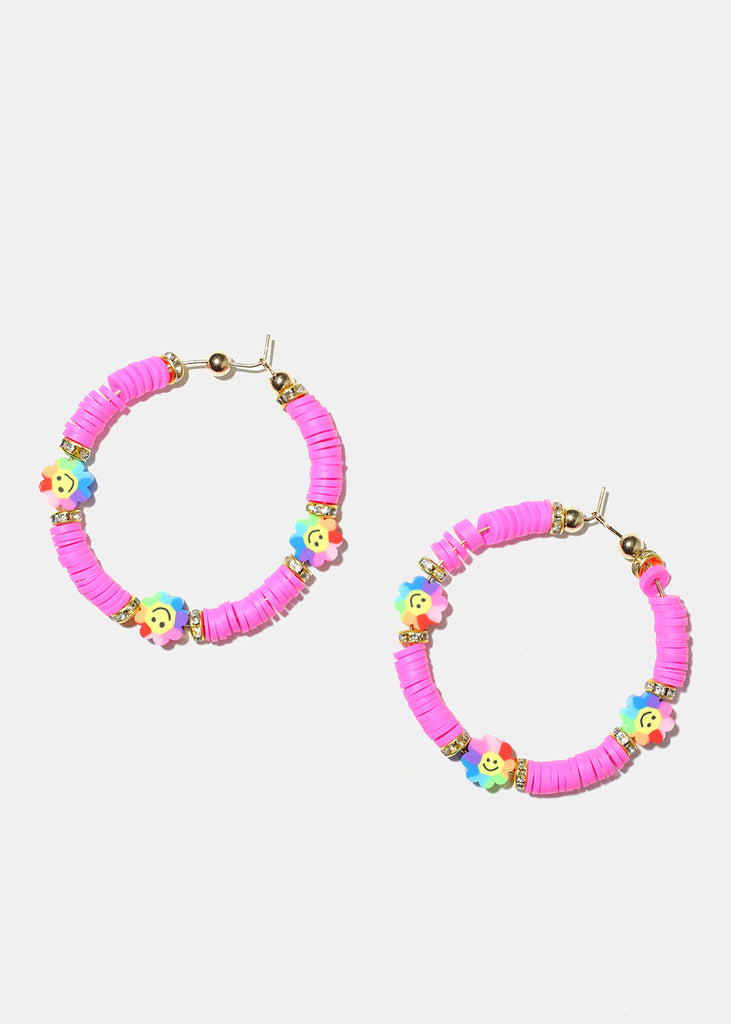 Smiley Flower Charm Beaded Hoop Earrings Gold pink JEWELRY - Shop Miss A