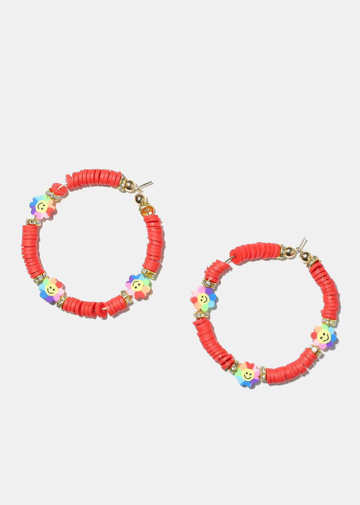 Smiley Flower Charm Beaded Hoop Earrings Gold red JEWELRY - Shop Miss A