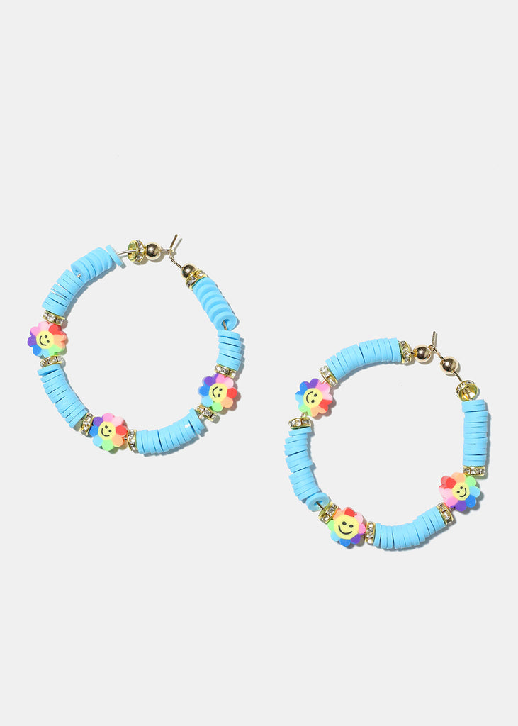 Smiley Flower Charm Beaded Hoop Earrings Gold blue JEWELRY - Shop Miss A
