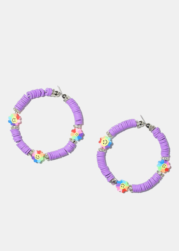 Smiley Flower Charm Beaded Hoop Earrings Silver purple JEWELRY - Shop Miss A