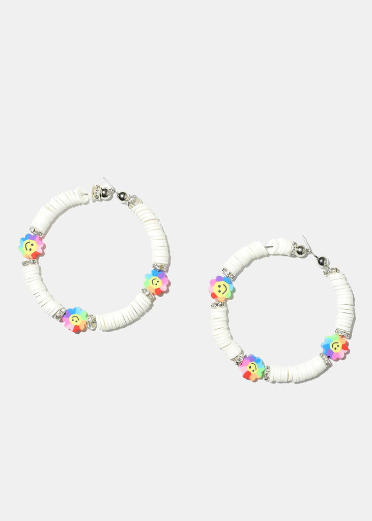 Smiley Flower Charm Beaded Hoop Earrings silver white JEWELRY - Shop Miss A