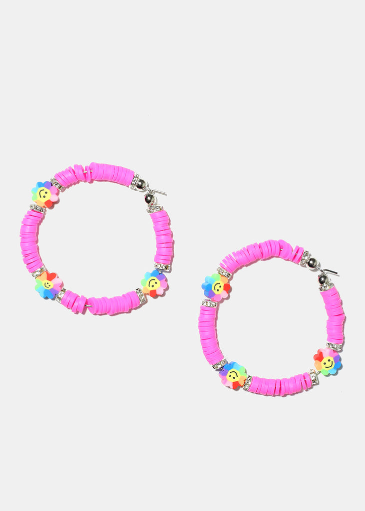 Smiley Flower Charm Beaded Hoop Earrings Silver pink JEWELRY - Shop Miss A