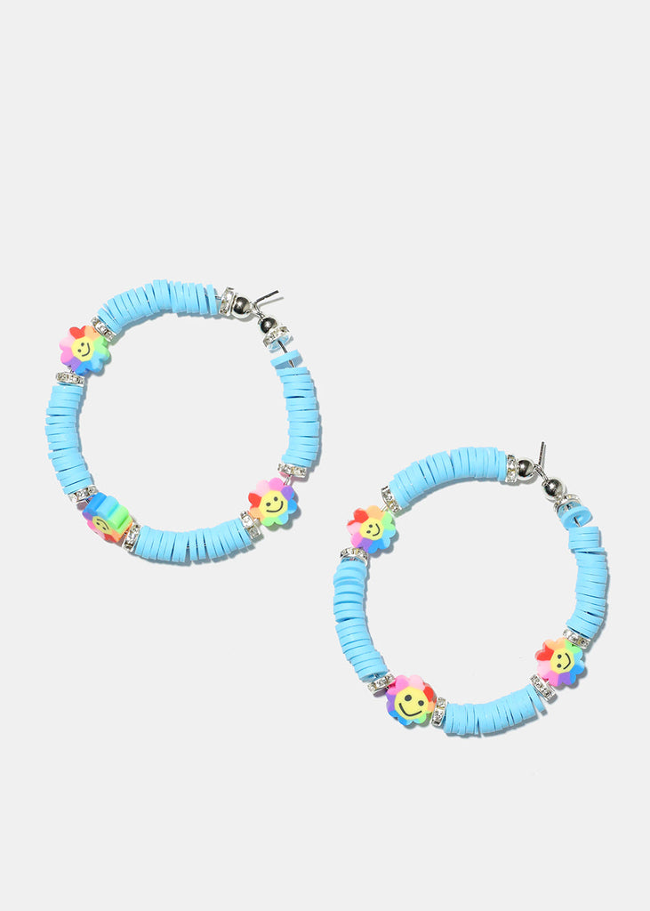 Smiley Flower Charm Beaded Hoop Earrings Silver blue JEWELRY - Shop Miss A