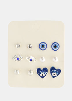 6 Pair Evil Eye Earring Set Blue/silver JEWELRY - Shop Miss A