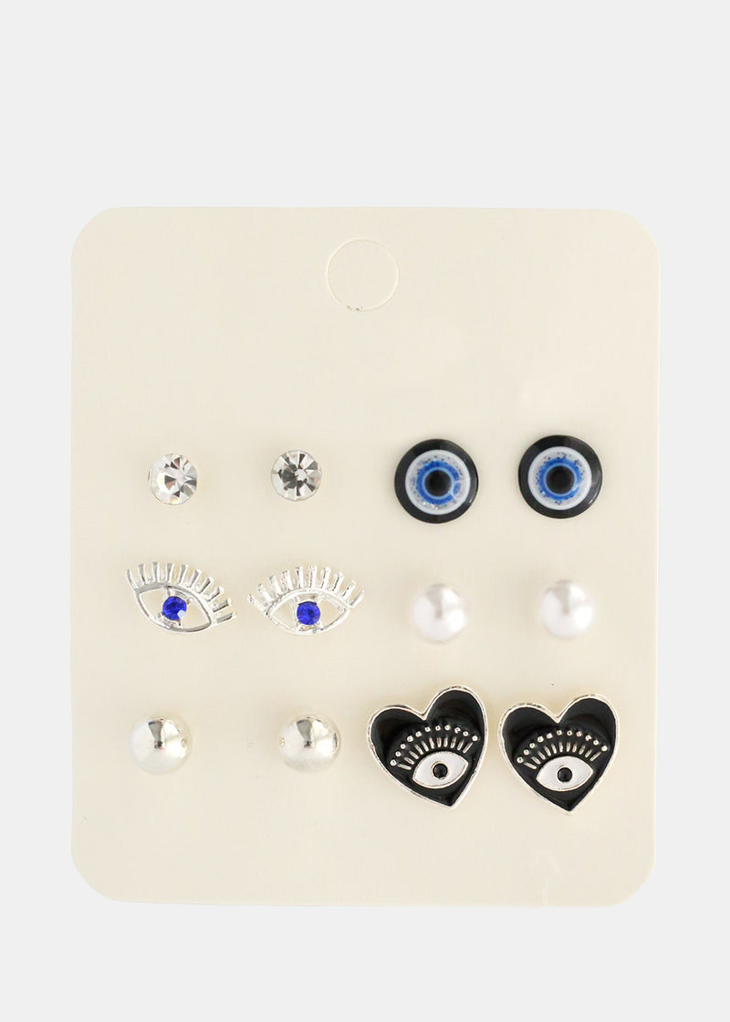 6 Pair Evil Eye Earring Set Black/silver JEWELRY - Shop Miss A