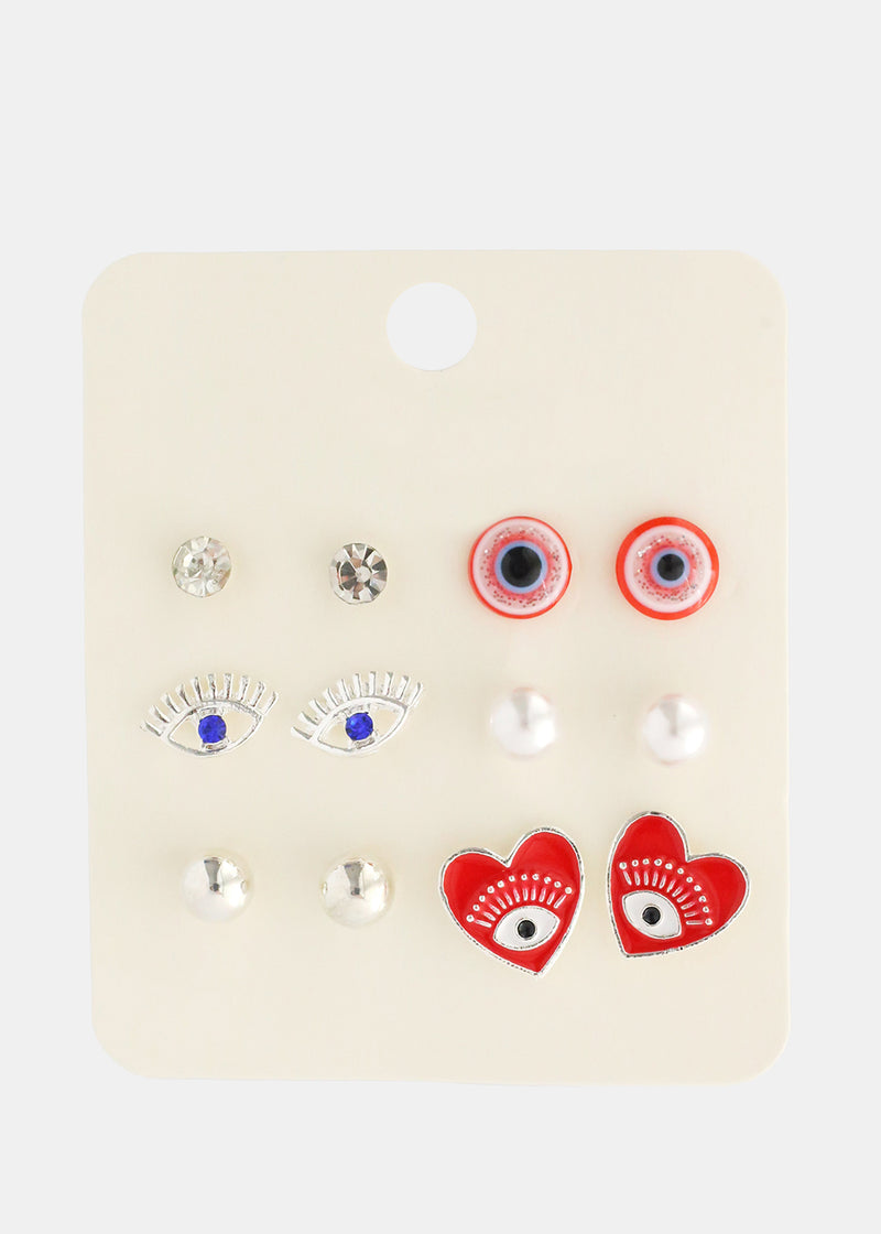 6 Pair Evil Eye Earring Set Red/silver JEWELRY - Shop Miss A