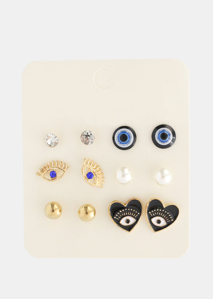 6 Pair Evil Eye Earring Set Black/gold JEWELRY - Shop Miss A