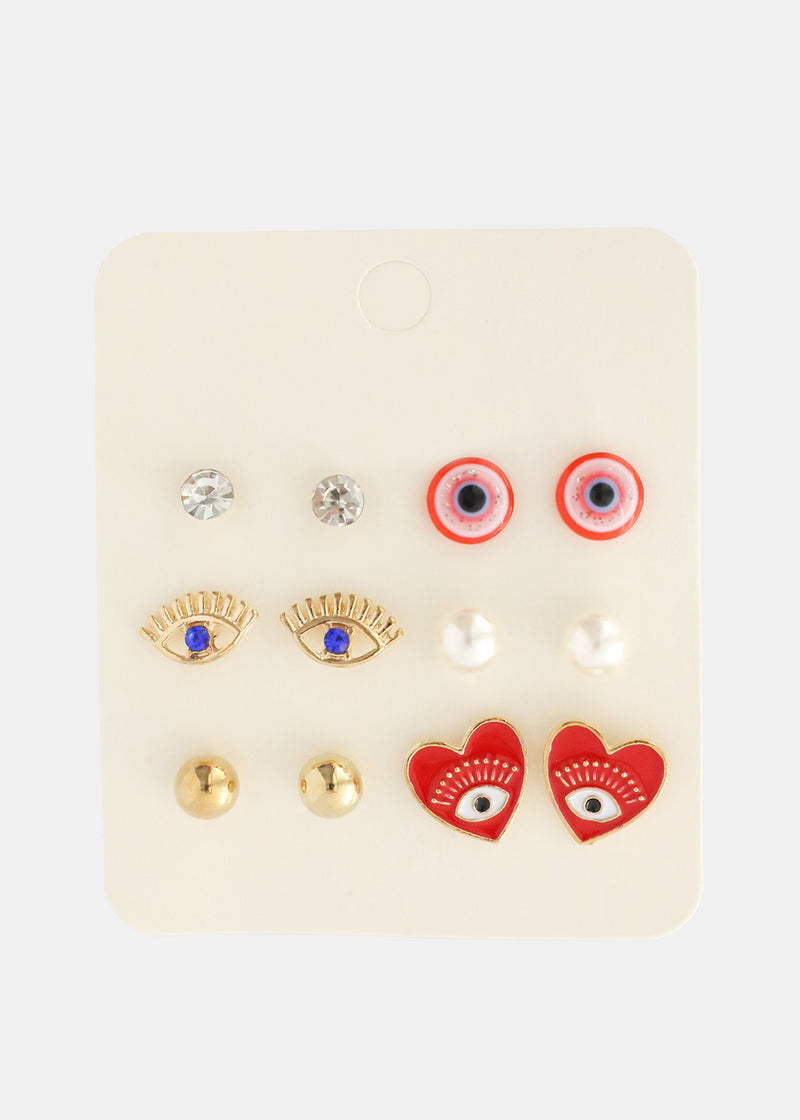 6 Pair Evil Eye Earring Set Red/gold JEWELRY - Shop Miss A