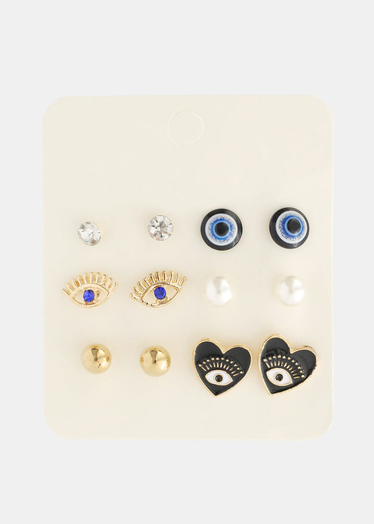 6 Pair Evil Eye Earring Set Blue/gold JEWELRY - Shop Miss A