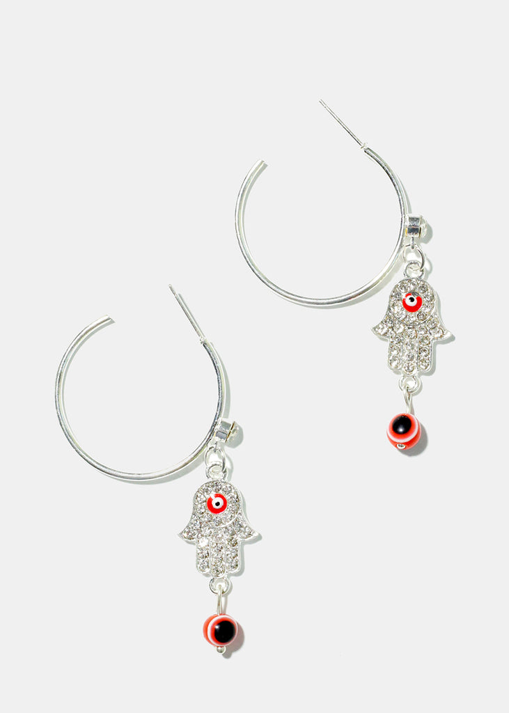 Hamsa Hand & Evil Eye Hoop Earrings Silver/Red JEWELRY - Shop Miss A