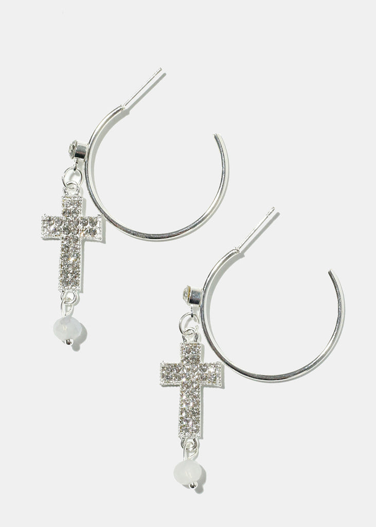 Rhinestone Cross Dangle Earrings Silver JEWELRY - Shop Miss A