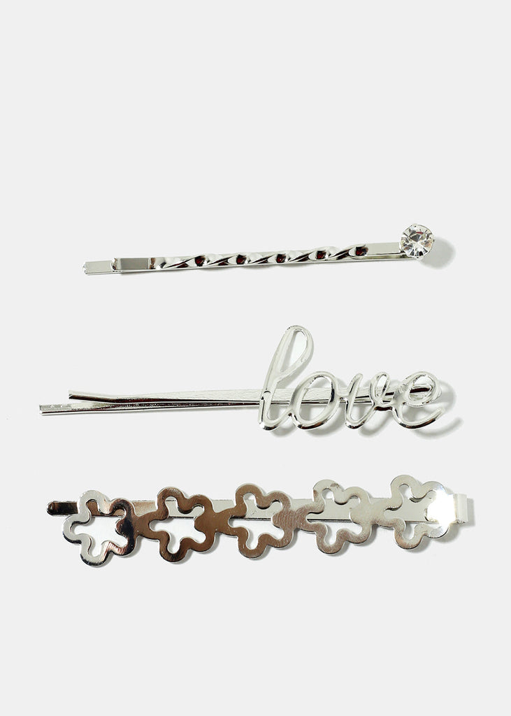 3-Piece "LOVE" & Metal Flower Hair Pins Silver SALE - Shop Miss A