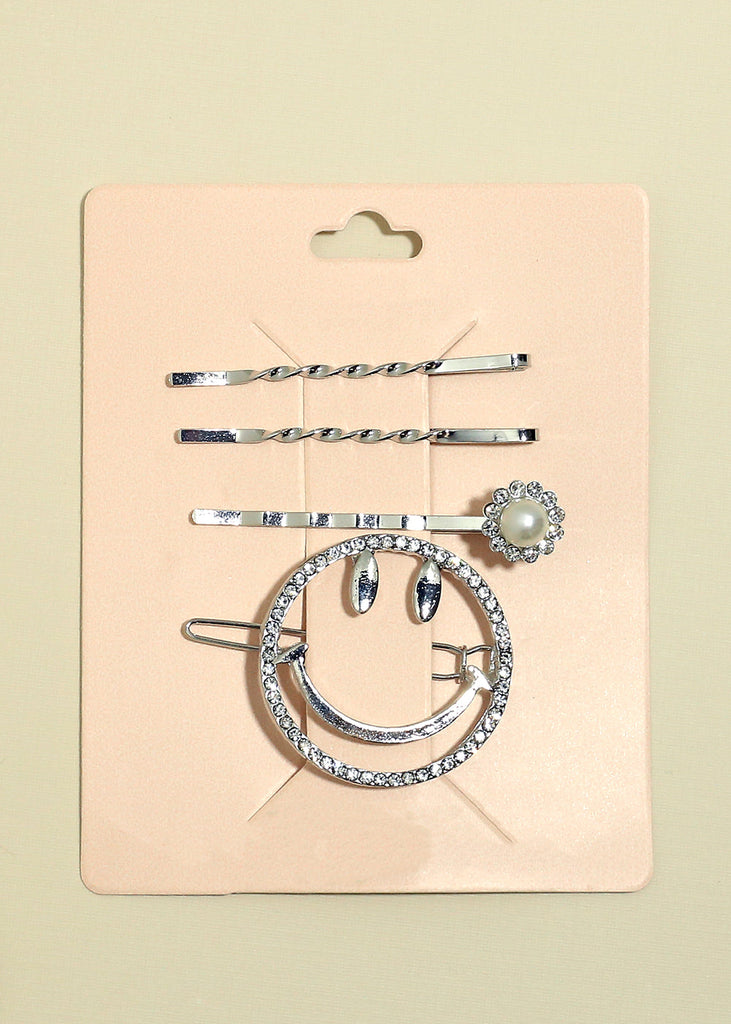 4-Piece Smiley Face Hair Pins Silver HAIR - Shop Miss A