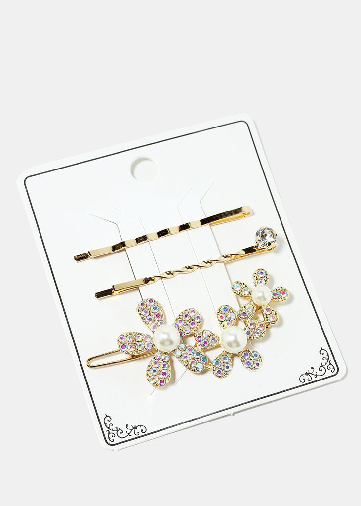 3-Piece Sparkly Flower & Pearl Hairpins Gold Rainbow Clear HAIR - Shop Miss A