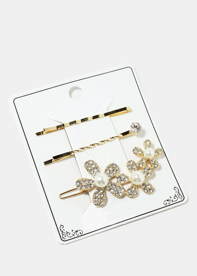 3-Piece Sparkly Flower & Pearl Hairpins Gold Clear HAIR - Shop Miss A