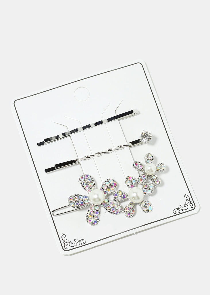 3-Piece Sparkly Flower & Pearl Hairpins Silver Rainbow Clear HAIR - Shop Miss A