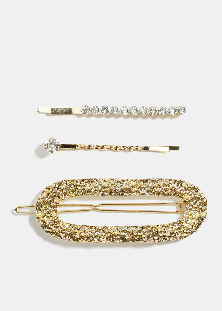 3-Piece Textured Oval Metal & Rhinestone Studded Hair Pins Gold HAIR - Shop Miss A