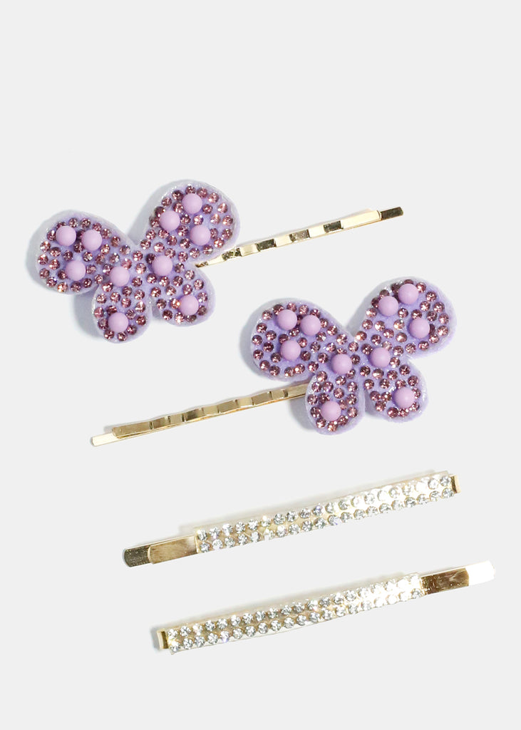 4 Piece Rhinestone & Butterfly Hair Pins Gold Purple HAIR - Shop Miss A