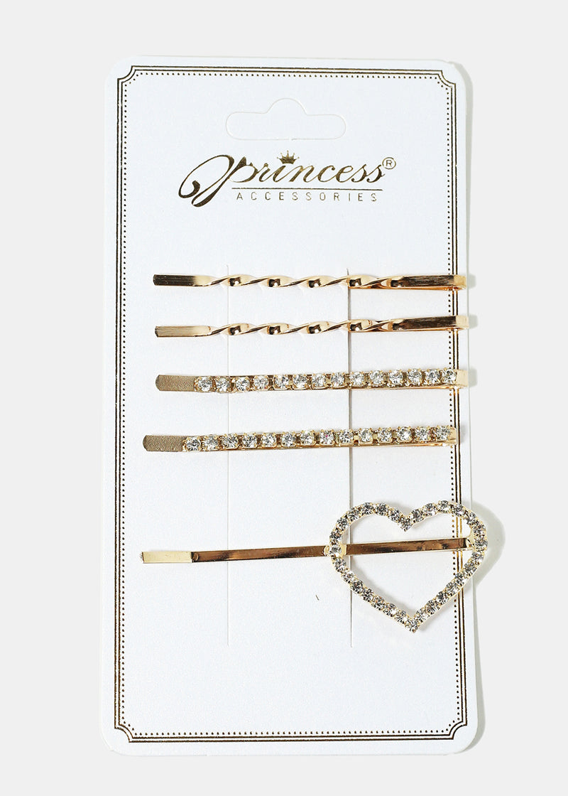 5-Piece Rhinestone-Studded Hairpins Gold Heart HAIR - Shop Miss A