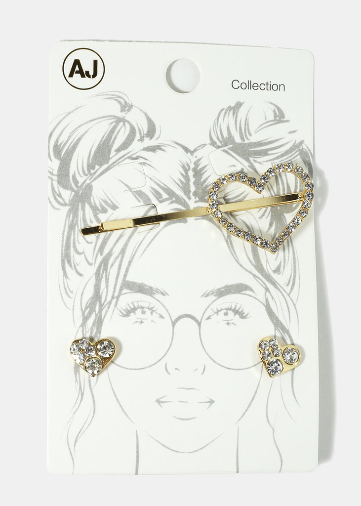 Rhinestone Heart Hair Pin & Earring Set Gold HAIR - Shop Miss A