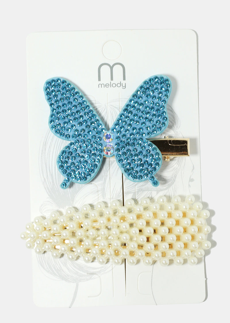 2-Piece Butterfly & Pearl Hairpins Blue HAIR - Shop Miss A